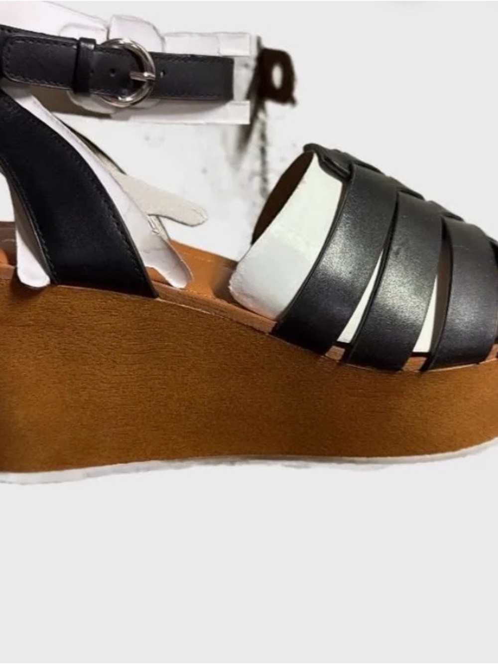 Black Leather Marc Fisher Wedge Sandals with Tan Platform - Women